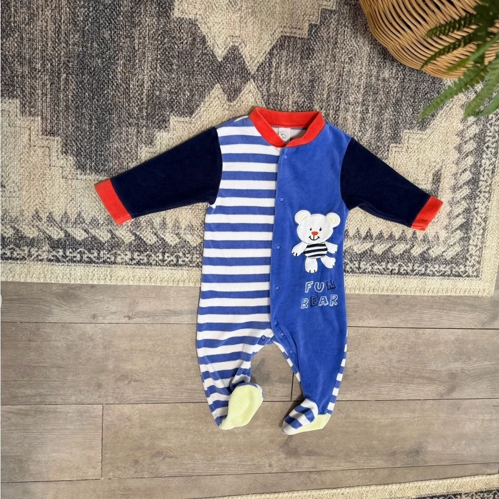 Vintage Baby Boy Color Block Striped Bear Terry Cloth Footies Size 6-9 Months